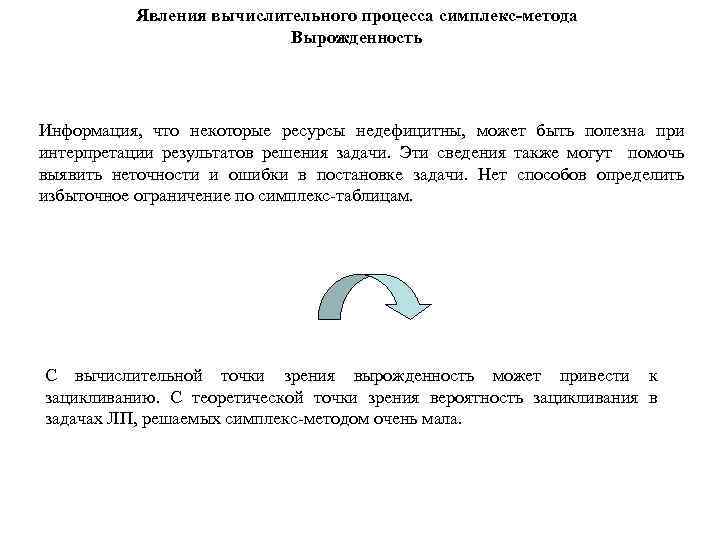 Явления вычислительного процесса симплекс-метода Вырожденность Информация, что некоторые ресурсы недефицитны, может быть полезна при