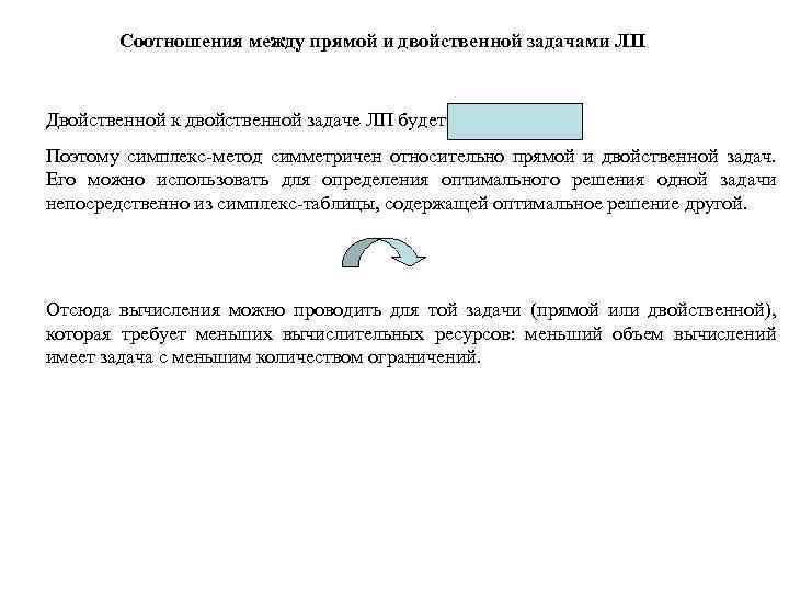 Соотношения между прямой и двойственной задачами ЛП Двойственной к двойственной задаче ЛП будет прямая