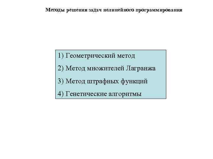 Методы решения задач нелинейного программирования 1) Геометрический метод 2) Метод множителей Лагранжа 3) Метод