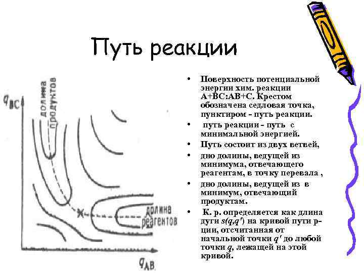 Путь реакции • • • Поверхность потенциальной энергии хим. реакции А+ВС: АВ+С. Крестом обозначена