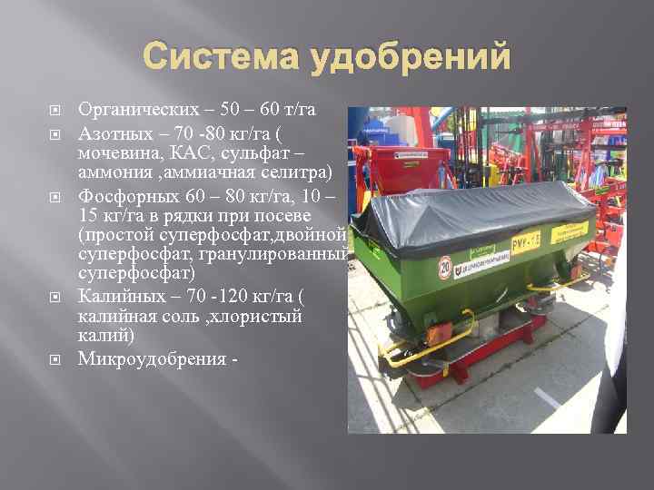 Система удобрений Органических – 50 – 60 т/га Азотных – 70 80 кг/га (