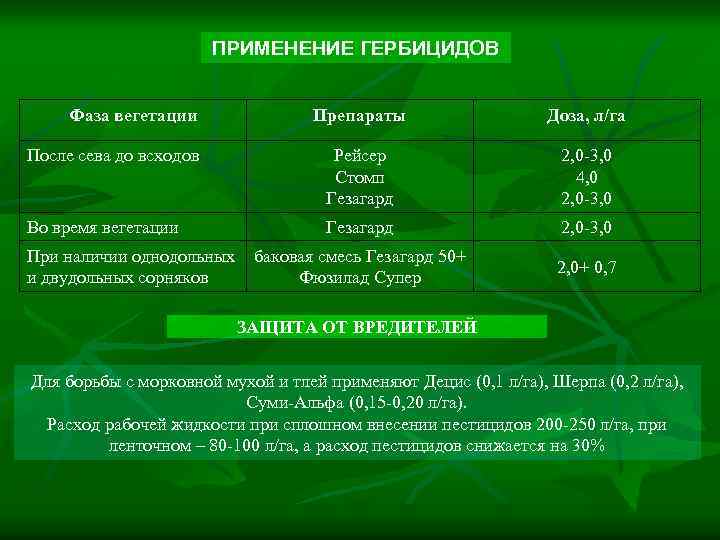 ПРИМЕНЕНИЕ ГЕРБИЦИДОВ Фаза вегетации Препараты Доза, л/га После сева до всходов Рейсер Стомп Гезагард