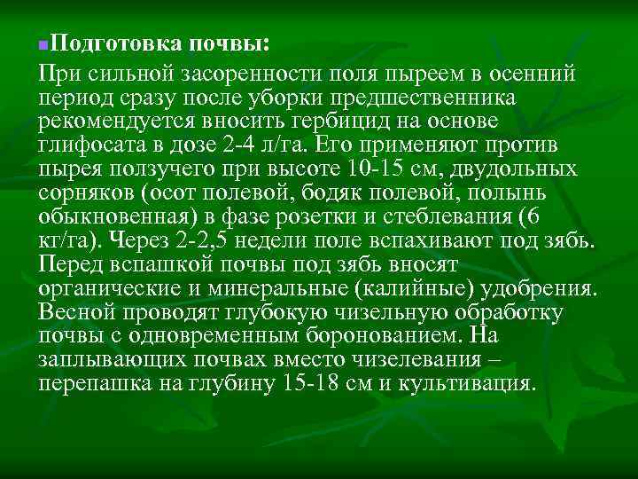 Подготовка почвы: При сильной засоренности поля пыреем в осенний период сразу после уборки предшественника