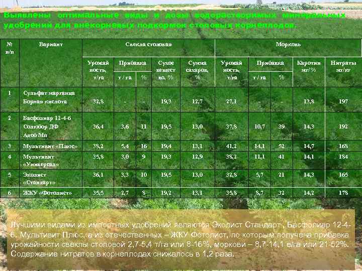 Выявлены оптимальные виды и дозы водорастворимых минеральных удобрений для внекорневых подкормок столовых корнеплодов. №