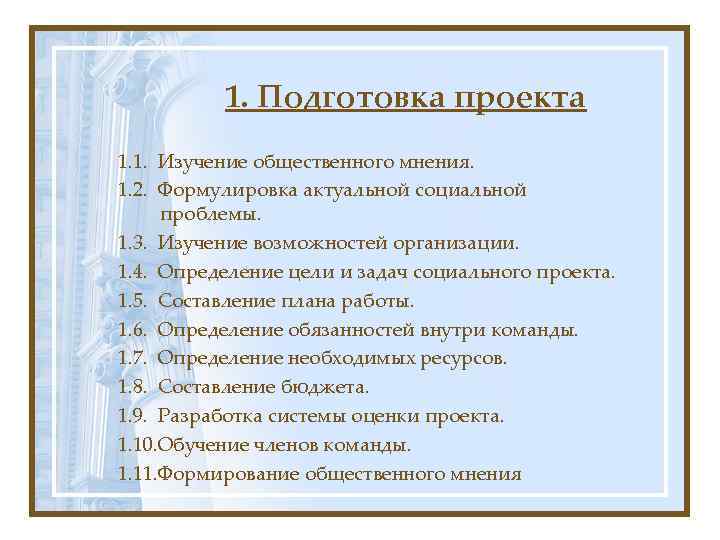 1. Подготовка проекта 1. 1. Изучение общественного мнения. 1. 2. Формулировка актуальной социальной проблемы.