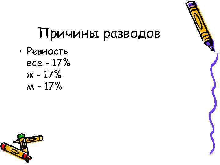 Причины разводов • Ревность все - 17% ж - 17% м - 17% 