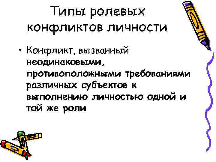 Типы ролевых конфликтов личности • Конфликт, вызванный неодинаковыми, противоположными требованиями различных субъектов к выполнению