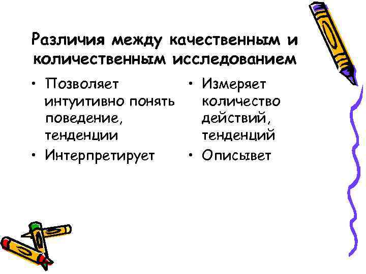 Различия между качественным и количественным исследованием • Позволяет • Измеряет интуитивно понять количество поведение,