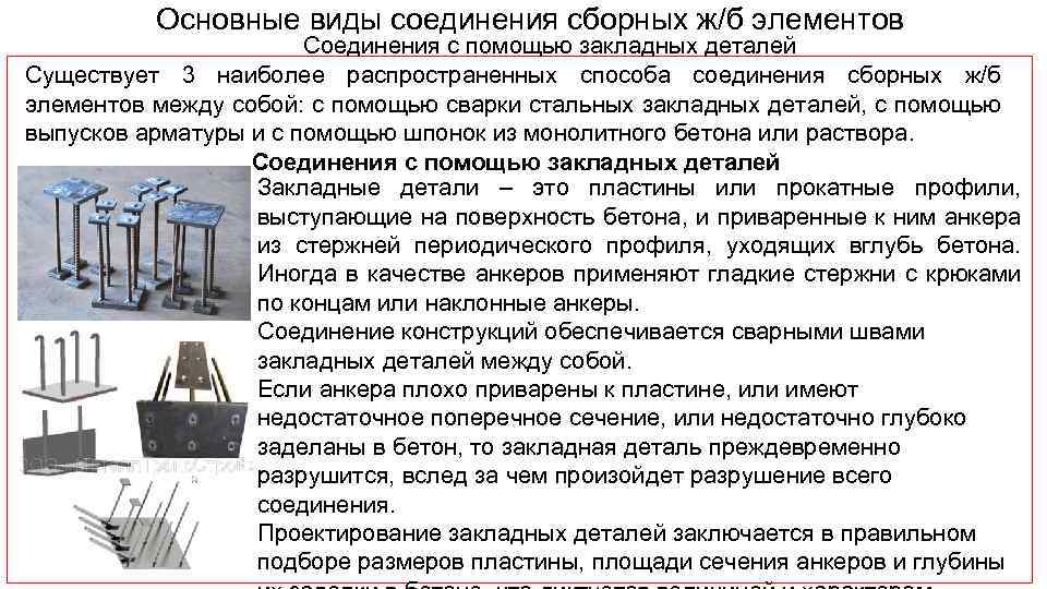 Основные виды соединения сборных ж/б элементов Соединения с помощью закладных деталей Существует 3 наиболее