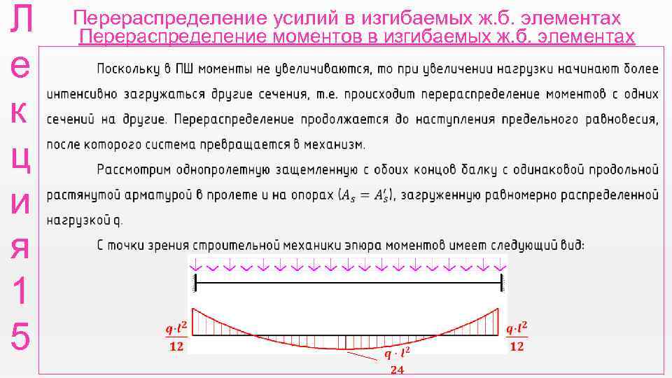 Л е к ц и я 1 5 Перераспределение усилий в изгибаемых ж. б.