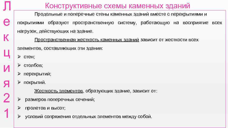 Л е к ц и я 2 1 Конструктивные схемы каменных зданий Продольные и