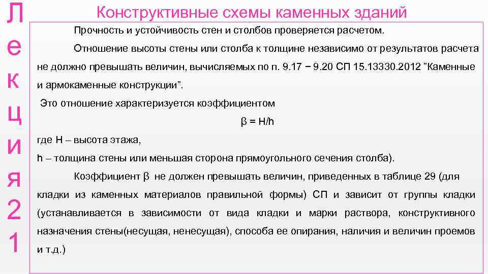 Л е к ц и я 2 1 Конструктивные схемы каменных зданий Прочность и