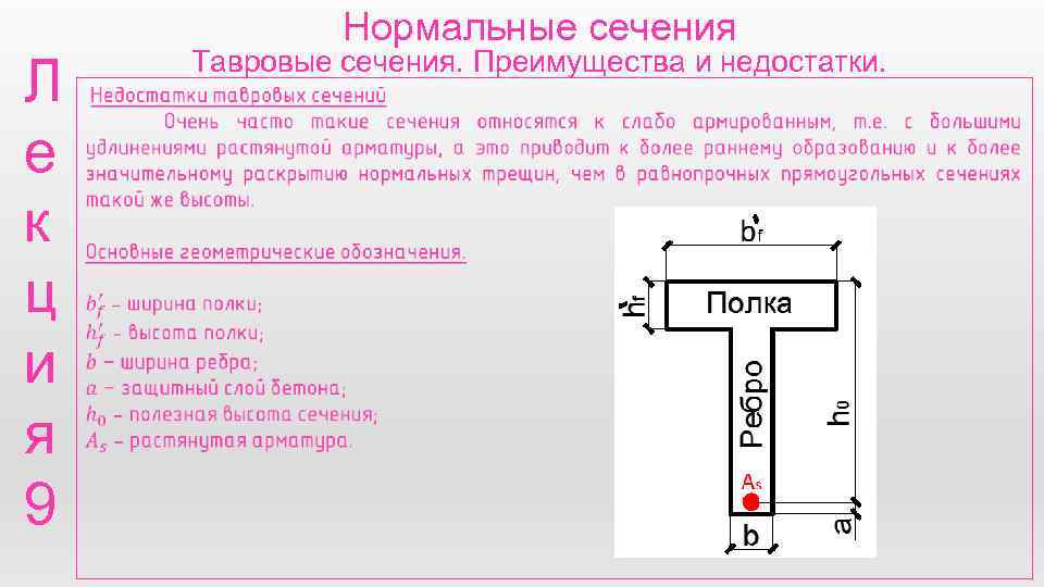 Л е к ц и я 9 Нормальные сечения Тавровые сечения. Преимущества и недостатки.