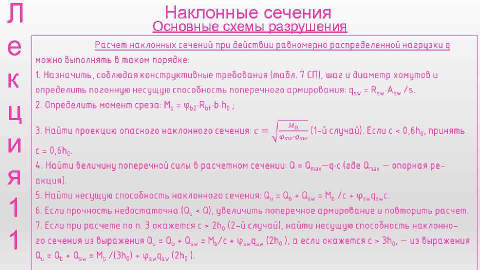 Л е к ц и я 1 1 Наклонные сечения Основные схемы разрушения 