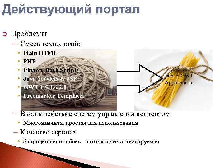 Действующий портал Проблемы – Смесь технологий: • • • Plain HTML PHP Phyton, Bash