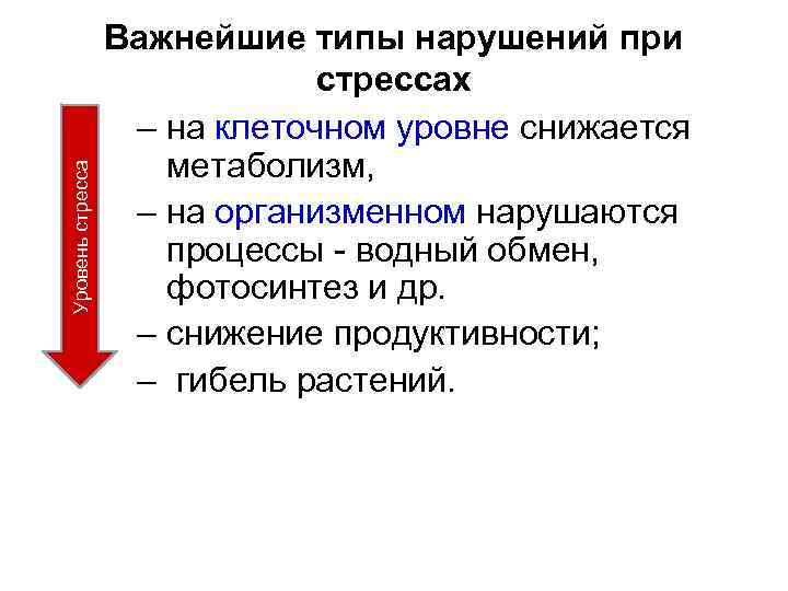 Уровень стресса Важнейшие типы нарушений при стрессах – на клеточном уровне снижается метаболизм, –