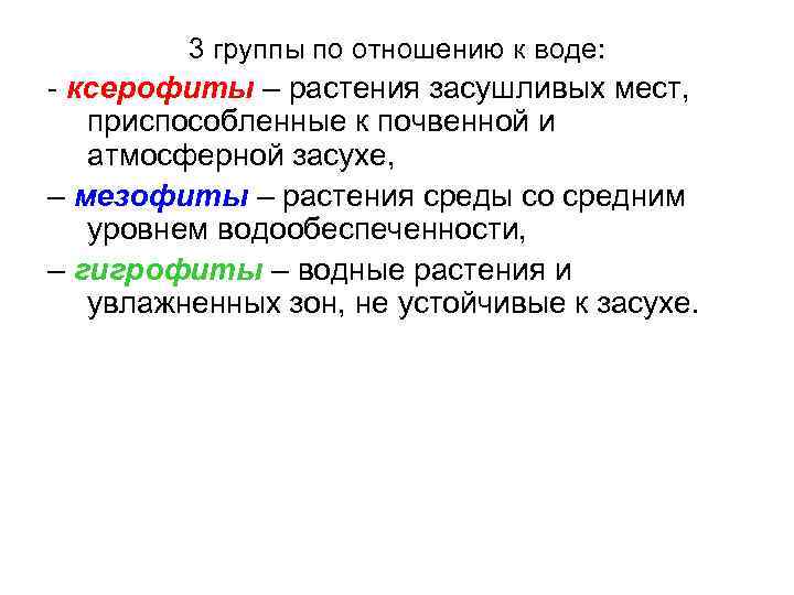 3 группы по отношению к воде: - ксерофиты – растения засушливых мест, приспособленные к