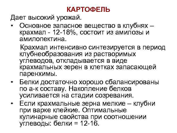 КАРТОФЕЛЬ Дает высокий урожай. • Основное запасное вещество в клубнях – крахмал - 12
