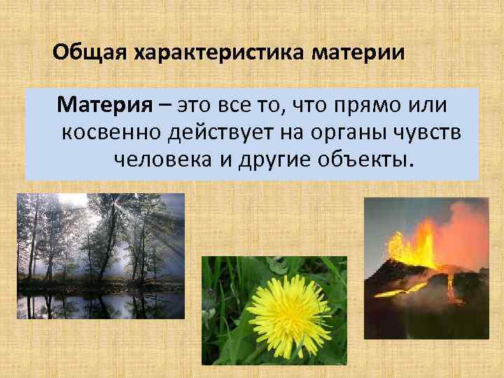 Общая характеристика материи Материя – это все то, что прямо или косвенно действует на