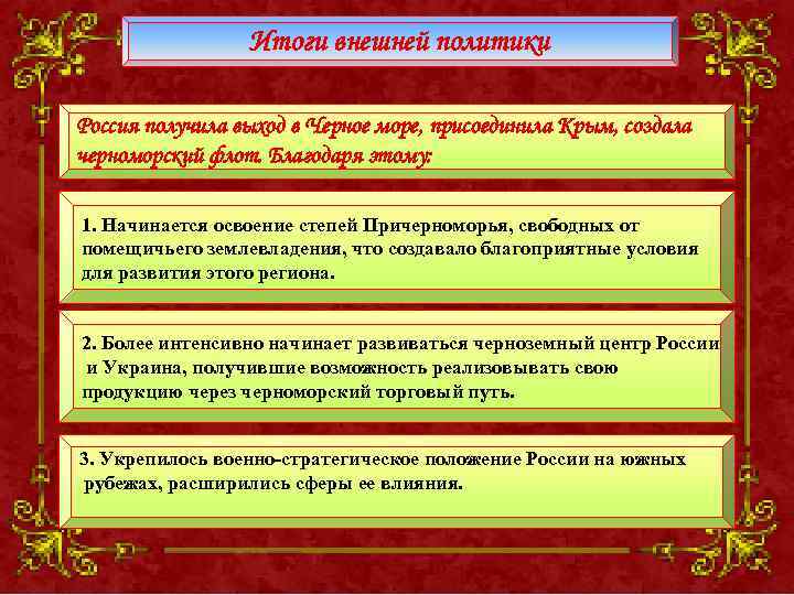 Итоги внешней политики Россия получила выход в Черное море, присоединила Крым, создала черноморский флот.