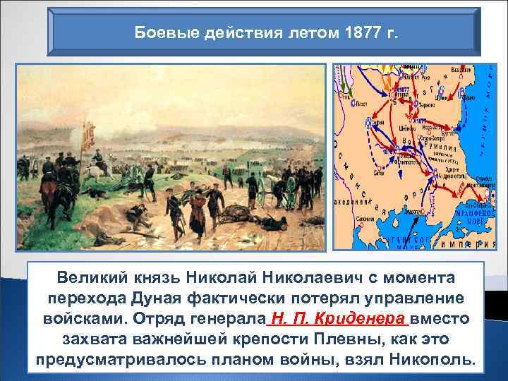 Боевые действия летом 1877 г. Великий князь Николай Николаевич с момента перехода Дуная фактически