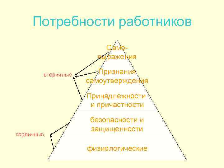 Потребности работников Самовыражения вторичные Признания самоутверждения Принадлежности и причастности первичные безопасности и защищенности физиологические