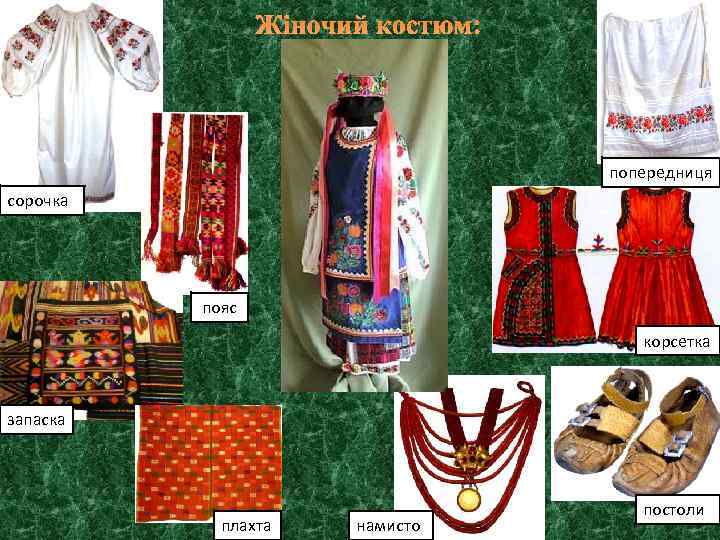Жіночий костюм: попередниця сорочка пояс корсетка запаска плахта намисто постоли 