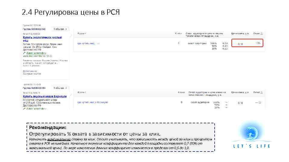 2. 4 Регулировка цены в РСЯ Рекомендации: Отрегулировать % охвата в зависимости от цены