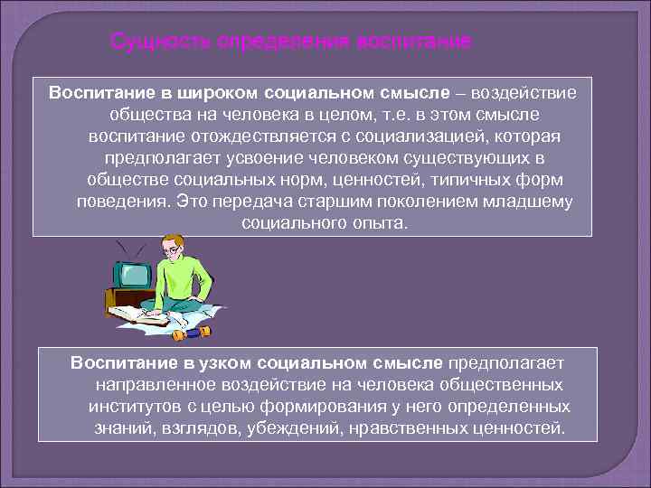 Сущность определения воспитание Воспитание в широком социальном смысле – воздействие общества на человека в