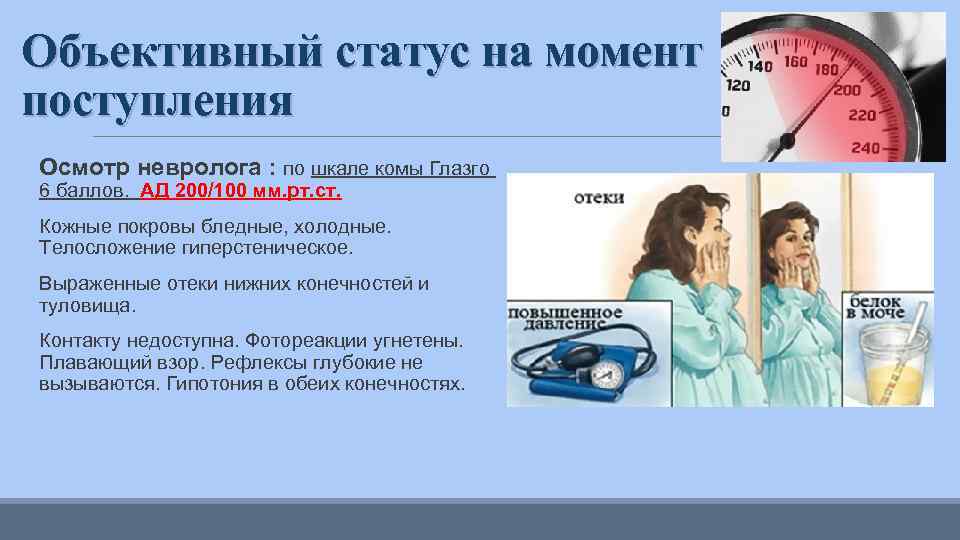 Объективный статус на момент поступления Осмотр невролога : по шкале комы Глазго 6 баллов.