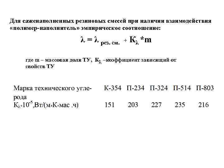 Для саженаполненных резиновых смесей при наличии взаимодействия «полимер-наполнитель» эмпирическое соотношение: λ = λ рез.