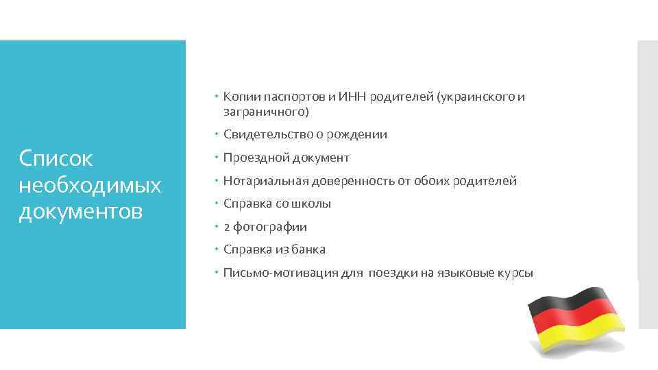  Копии паспортов и ИНН родителей (украинского и заграничного) Список необходимых документов Свидетельство о