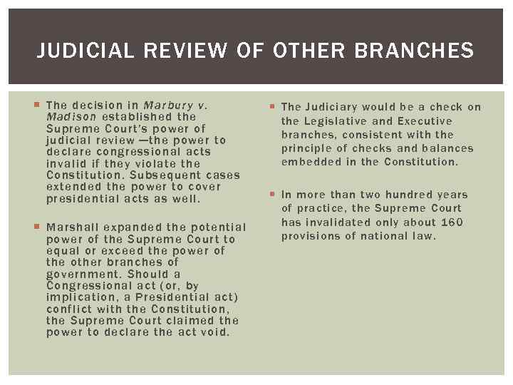 JUDICIAL REVIEW OF OTHER BRANCHES The decision in Marbury v. Madison established the Supreme