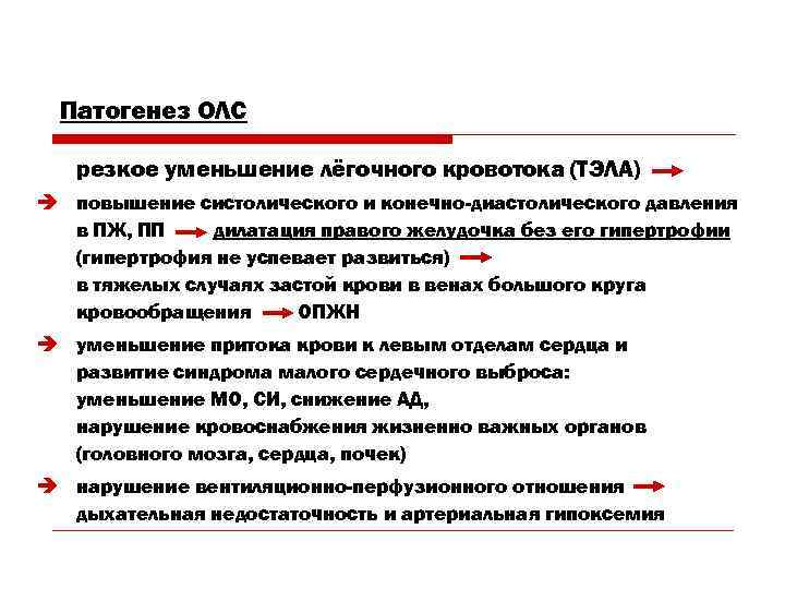 Патогенез ОЛС резкое уменьшение лёгочного кровотока (ТЭЛА) è повышение систолического и конечно-диастолического давления в