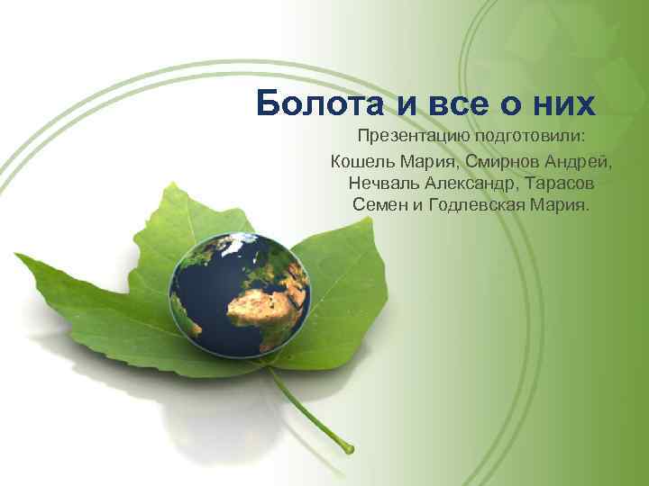 Болота и все о них Презентацию подготовили: Кошель Мария, Смирнов Андрей, Нечваль Александр, Тарасов