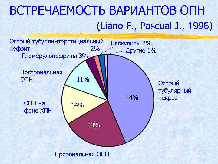 ВСТРЕЧАЕМОСТЬ ВАРИАНТОВ ОПН (Liano F. , Pascual J. , 1996) Острый тубулоинтерстициальный Васкулиты 2%