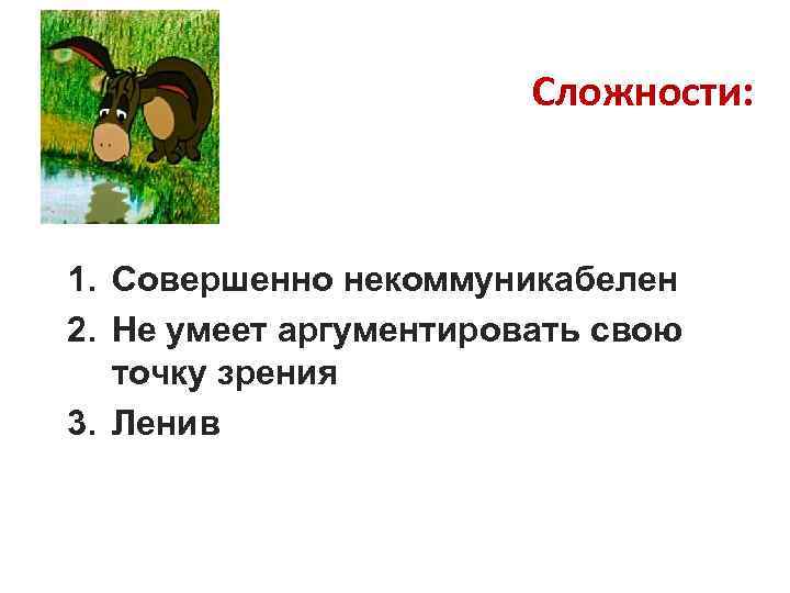 Сложности: 1. Совершенно некоммуникабелен 2. Не умеет аргументировать свою точку зрения 3. Ленив 