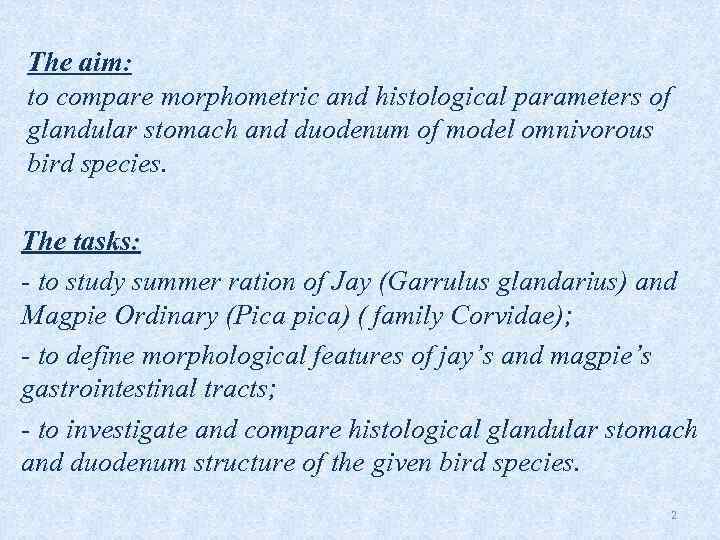 The aim: to compare morphometric and histological parameters of glandular stomach and duodenum of