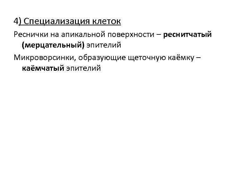 4) Специализация клеток Реснички на апикальной поверхности – реснитчатый (мерцательный) эпителий Микроворсинки, образующие щеточную