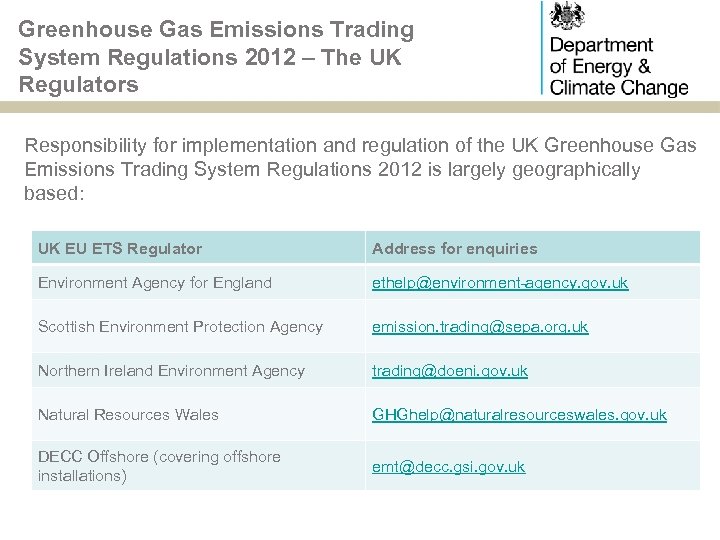 Greenhouse Gas Emissions Trading System Regulations 2012 – The UK Regulators Responsibility for implementation