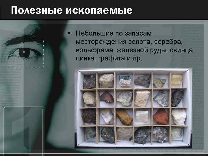 Полезные ископаемые • Небольшие по запасам месторождения золота, серебра, вольфрама, железной руды, свинца, цинка,