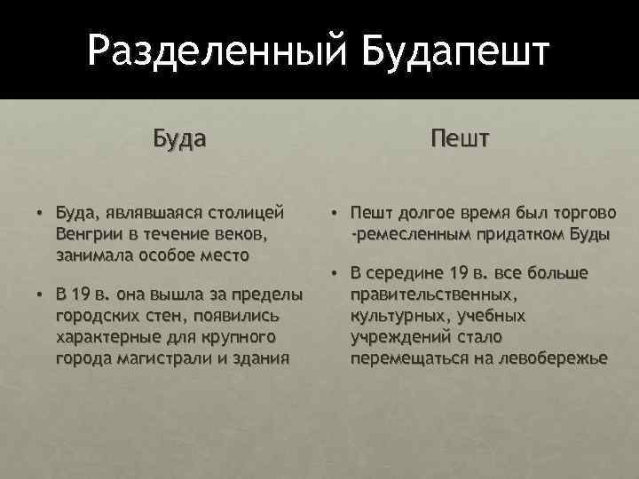 Разделенный Будапешт Буда • Буда, являвшаяся столицей Венгрии в течение веков, занимала особое место