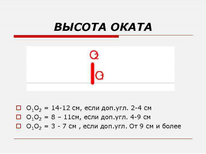ВЫСОТА ОКАТА o О 1 О 2 = 14 -12 см, если доп. угл.