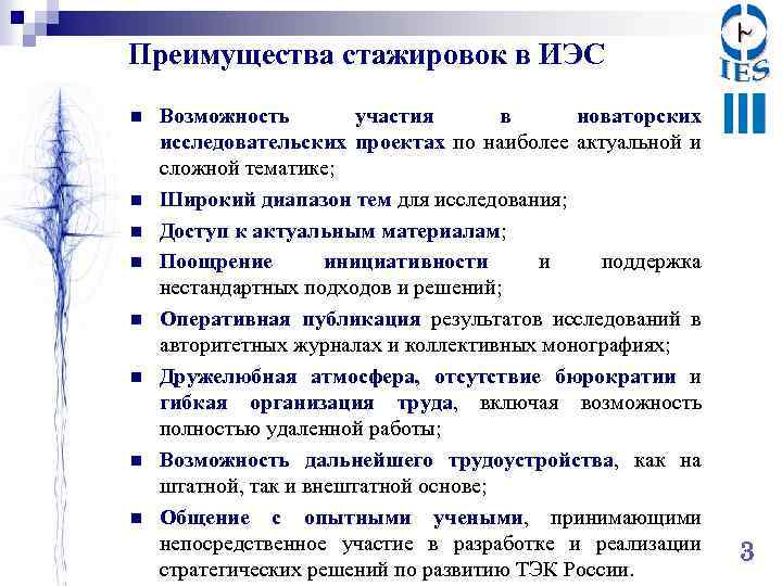 Преимущества стажировок в ИЭС n n n n Возможность участия в новаторских исследовательских проектах