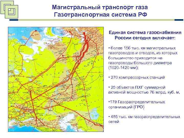 Магистральный транспорт газа Газотранспортная система РФ Единая система газоснабжения России сегодня включает: • более