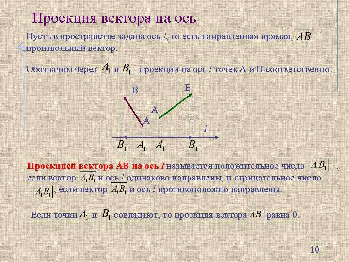 Проекция вектора на ось Пусть в пространстве задана ось l, то есть направленная прямая,