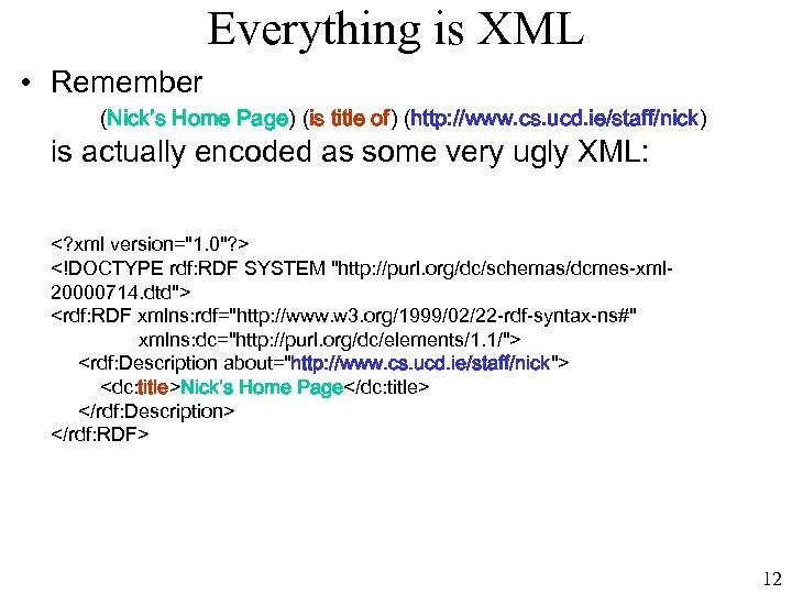 Everything is XML • Remember (Nick’s Home Page) (is title of) (http: //www. cs.