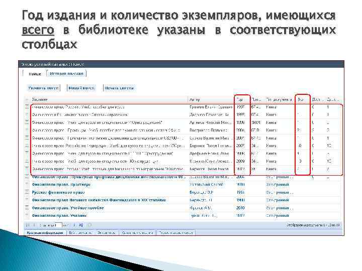 Год издания и количество экземпляров, имеющихся всего в библиотеке указаны в соответствующих столбцах 