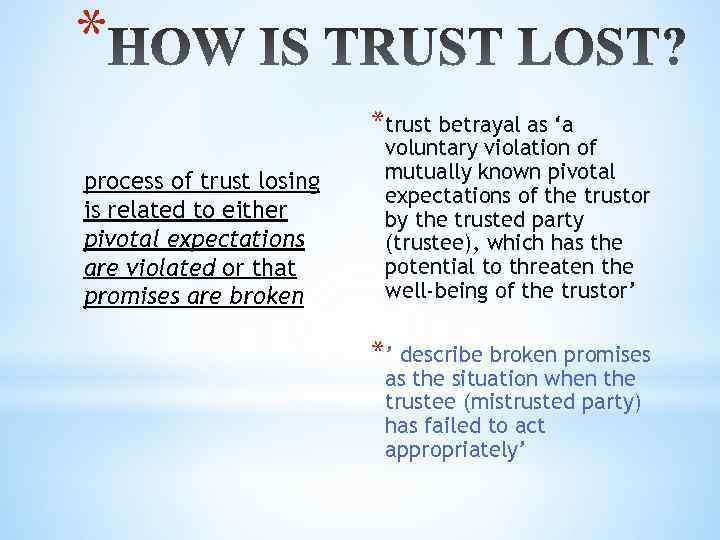 * *trust betrayal as ‘a process of trust losing is related to either pivotal