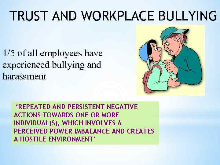 TRUST AND WORKPLACE BULLYING 1/5 of all employees have experienced bullying and harassment ‘REPEATED